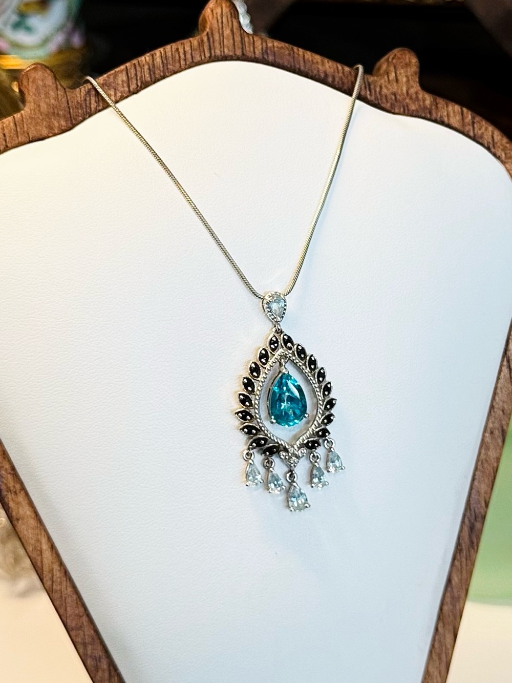 STS 925 Sterling Silver Blue Topaz & Aquamarine Chandelier Pendant Necklace